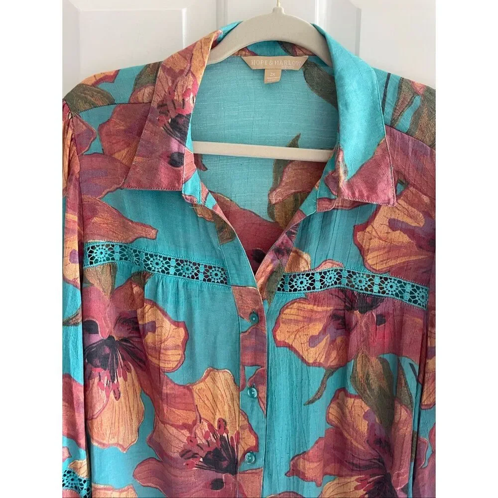 Hope & Harlow Floral Blouse Top Women’s Plus Size 2X Boho Button Up Shirt